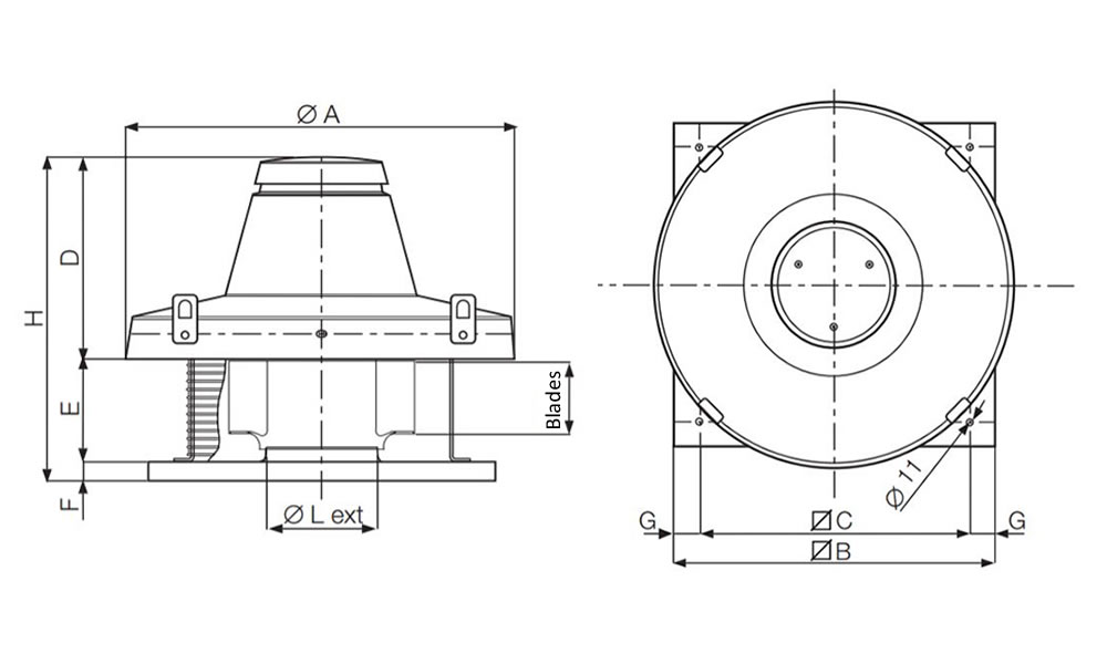 Vortice TRT 400 V standard model roof fan with horizontal discharge dimensions in mm